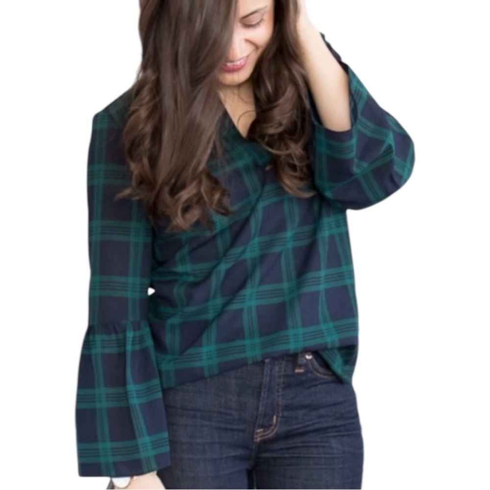 J. Crew Green & Blue Tartan Plaid V-Neck Bell Sleeve Blouse​​​​​​​​​​​